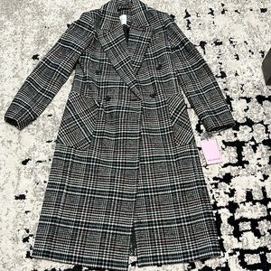 Avec Les Filles Tweed Textured Plaid Trench Coat Jacket Black White Blue XS NEW